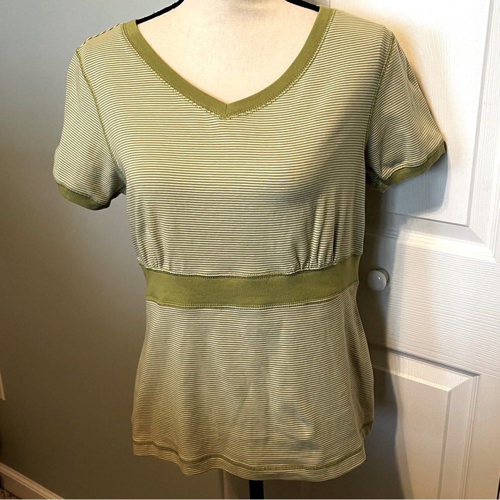 Pendleton Women Size Large Green White Stripe Short Sleeve Blouse Top Preppy Y2K